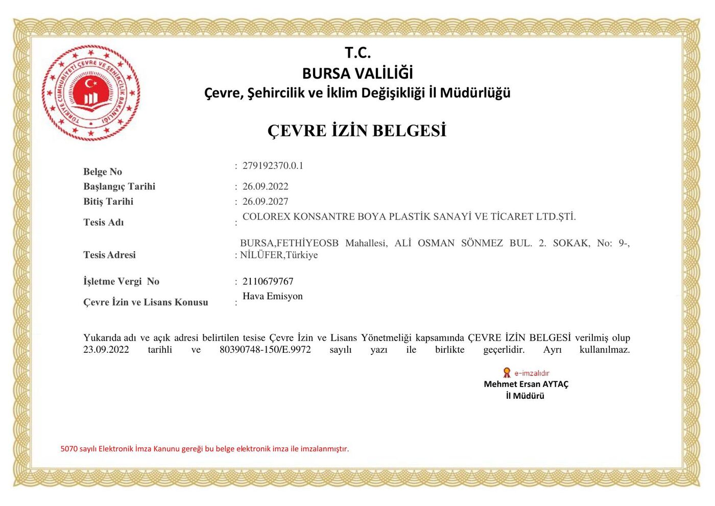 Colorex Umweltgenehmigung