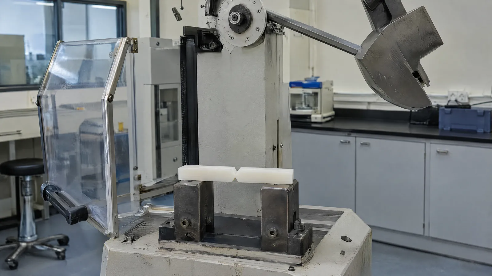 Charpy darbe test cihazında sarkaç ve çentikli numune