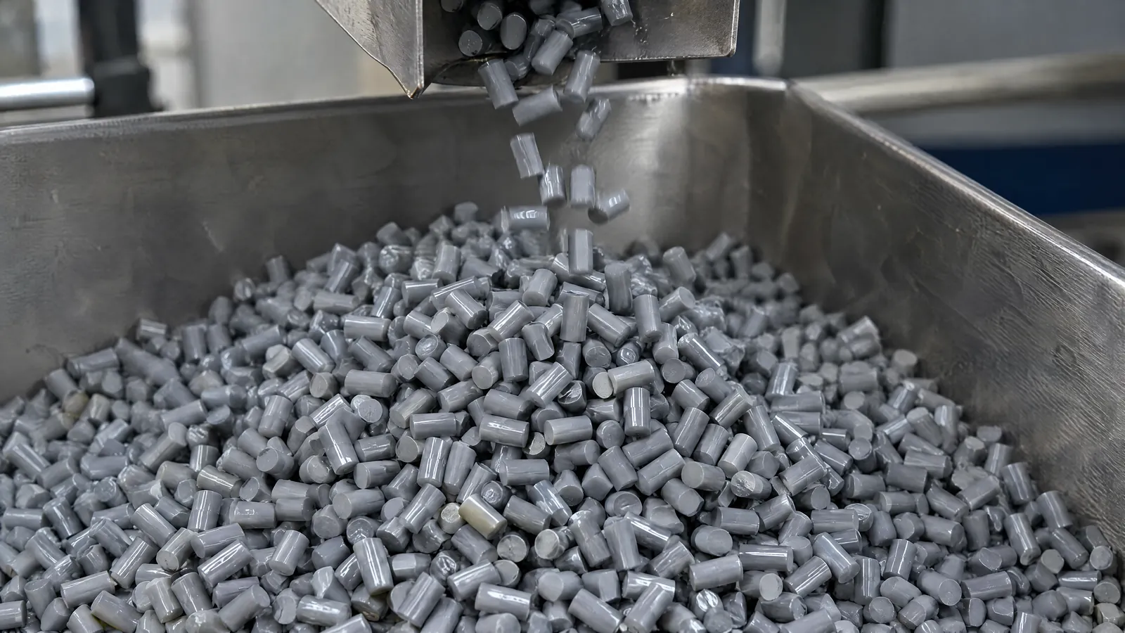 Geri dönüştürülmüş plastik granüllerin ekstrüderden çıkışı